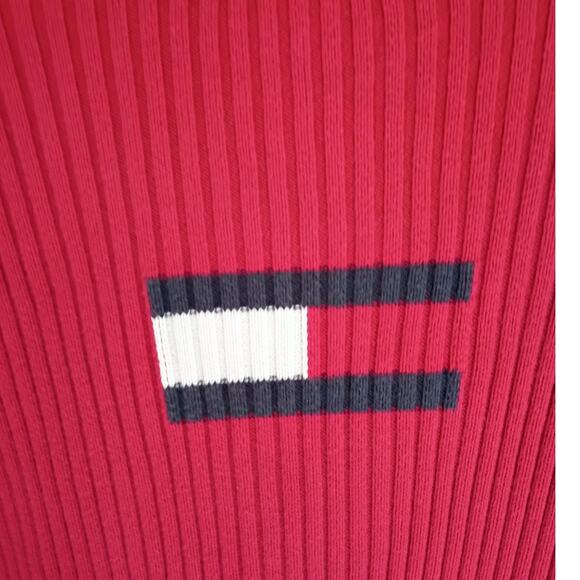 TOMMY HILFIGER XL Red Rib Knit Turtleneck Y2K Flag Logo Sweater Preppy Quietlux - Picture 12 of 13